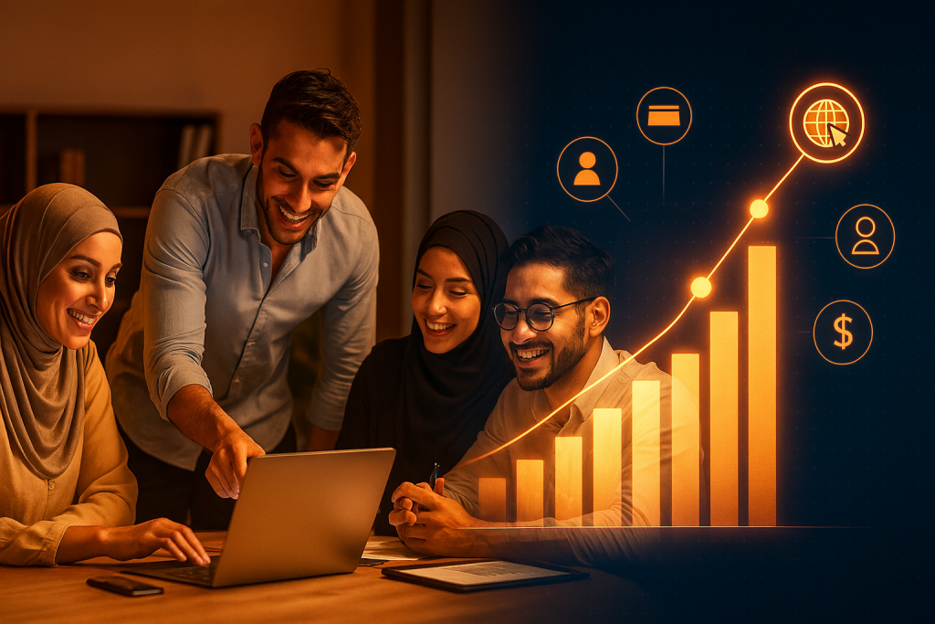 تیم کاری در دفتر با نورپردازی گرم در حال همکاری، در کنار گرافیک دیجیتال شامل نمودار رشد و آیکون‌های تجارت آنلاین؛ ترکیبی از دنیای انسانی و تکنولوژی با حس آینده‌نگری و پیشرفت»