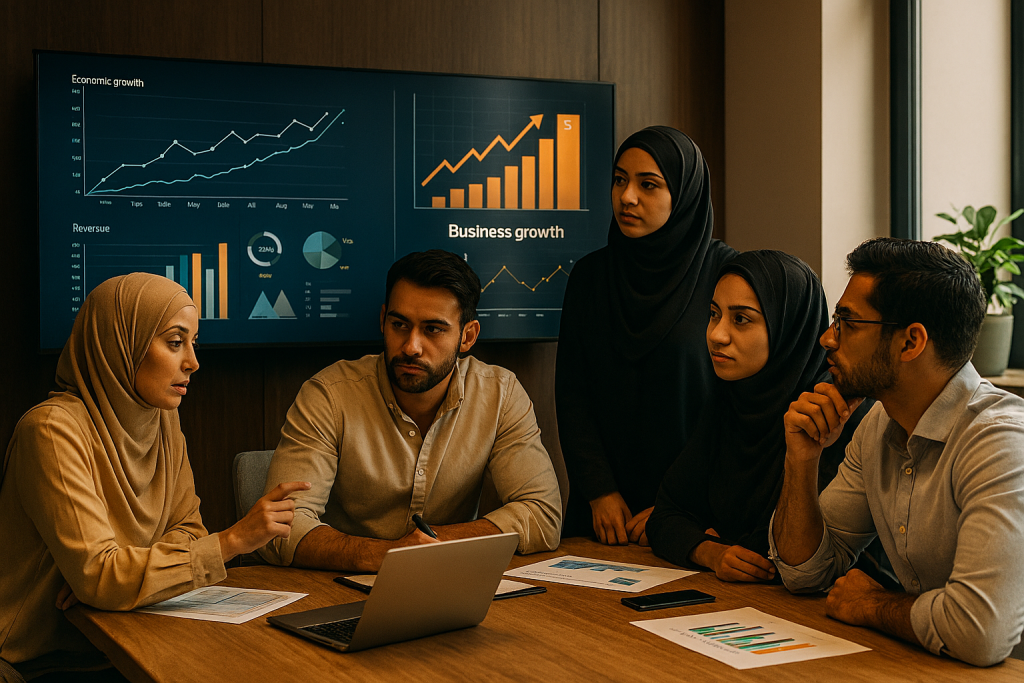 تیم کاری حرفه‌ای در اتاق مدیریت مدرن، در حال تحلیل داده‌های کسب‌وکار روی پنل‌های دیجیتال؛ نمودارهای رشد، نورپردازی گرم، و فضای هماهنگ و آینده‌نگر