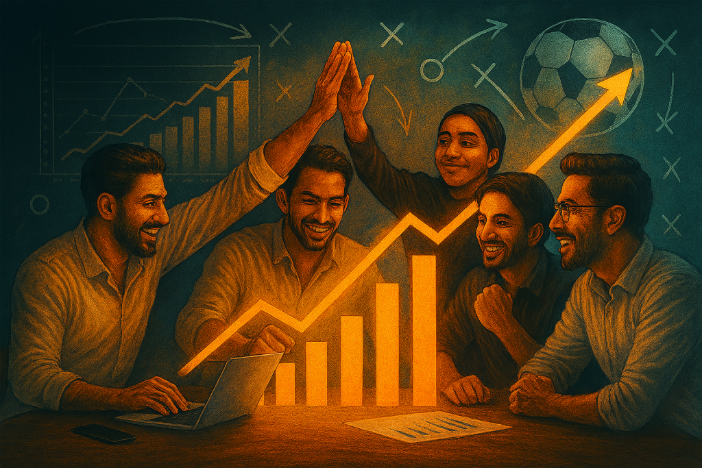 تصویر از چهار مرد، در حال تعامل با نمودار رشد کسب‌وکار و لپ‌تاپ‌ها؛ همه در حال جشن گرفتن موفقیت با حرکت دست‌های هماهنگ، در پس‌زمینه‌ای با عناصر ورزشی مثل توپ فوتبال و تاکتیک‌های تیمی؛ نورپردازی روشن و حرفه‌ای، القاکننده حس هماهنگی، انرژی و پیشرفت