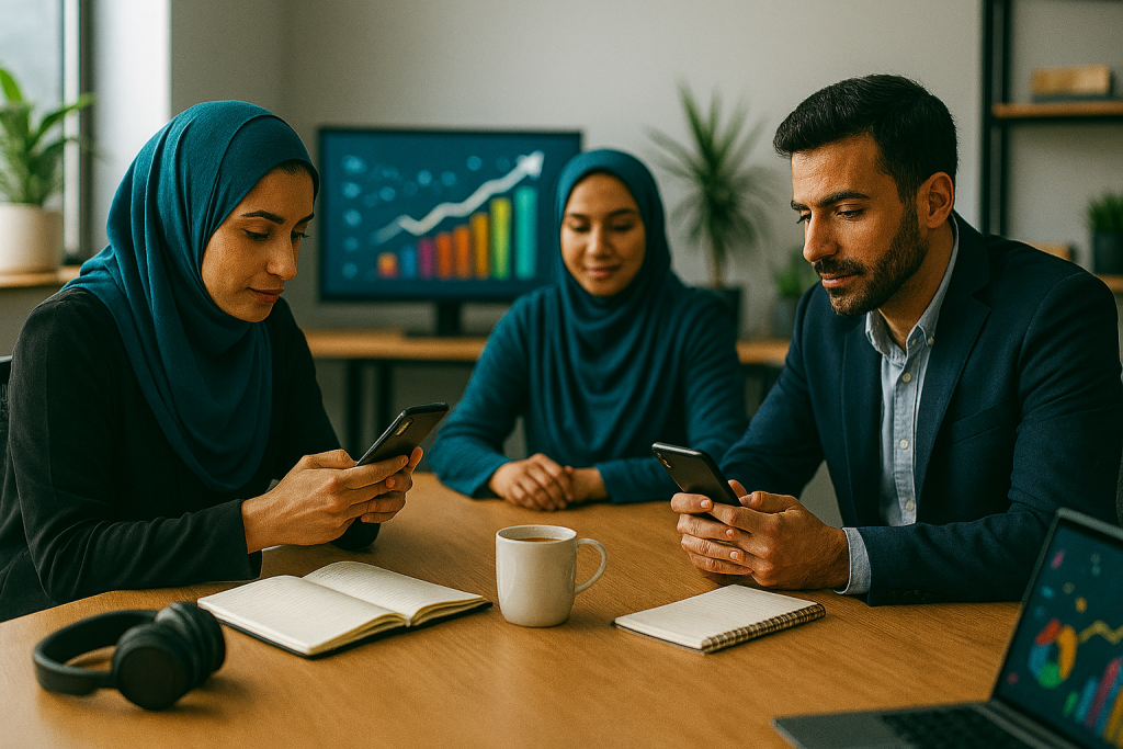 خانم و اقا پشت میز کاری مدرن نشستهاند و هر دو با تمرکز مشغول کار با گوشی هوشمند هستند. روی میز، هدفون، دفتر یادداشت، فنجان قهوه و لپتاپ دیده میشود. نور طبیعی از پنجرهها فضا را روشن کرده و گیاهان سبز و قفسههای مدرن در پسزمینه، محیطی دوستانه و حرفهای را به تصویر میکشند. حس بهرهوری، تمرکز و شوق کار آنلاین در تصویر کاملاً مشهود است.