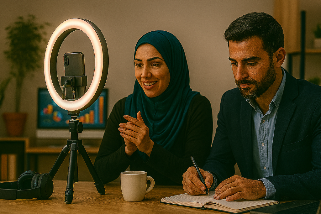 خانمی در حال ضبط ویدئو با گوشی هوشمند نصبشده روی سهپایه و رینگلایت روشن است. در کنار او، آقایی مشغول یادداشتبرداری از ایدههاست. میز کاری شامل فنجان قهوه، دفتر یادداشت و لپتاپ است. نورپردازی گرم و پسزمینهای با رنگهای ملایم، فضای روشن و حرفهای ایجاد کردهاند. تصویر حس خلاقیت، تولید محتوا و تعامل طبیعی با ابزار دیجیتال را منتقل میکند.