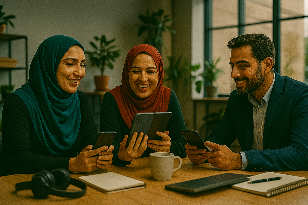 سه نفر شامل دو خانم و یک آقا دور میز چوبی بزرگی در یک دفتر مدرن نشستهاند. هر نفر با گوشی یا تبلت در دست، در حال تبادل ایده و گفتوگوی کاری هستند. نور طبیعی از پنجرهها فضا را روشن کرده و گیاهان سبز در پسزمینه، محیطی دوستانه و حرفهای را ایجاد کردهاند. جزئیات دقیق چهرهها، ابزارهای دیجیتال و تعامل گروهی، حس همکاری، بهرهوری و مدیریت تیم آنلاین را منتقل میکند.