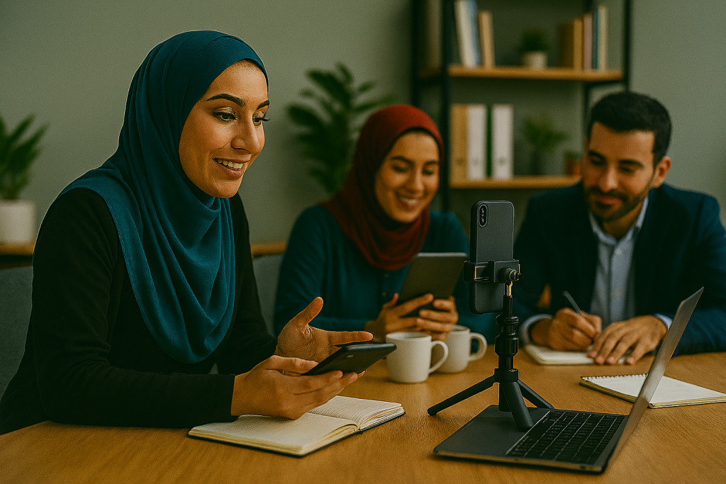 خانمی در حال تدریس آنلاین با گوشی هوشمند نصبشده روی سهپایه است. روی میز چوبی مقابل او، لپتاپ باز و چند دفتر یادداشت قرار دارد. در پسزمینه، یک خانم دیگر و یک آقا مشغول یادداشتبرداری و تعامل با تدریس هستند. نور طبیعی، کتابخانه مدرن و دکور حرفهای، فضای آموزشی روشن و صمیمی را ایجاد کردهاند. تصویر حس یادگیری، تمرکز و انگیزه برای شروع کسبوکار با گوشی را منتقل میکند.