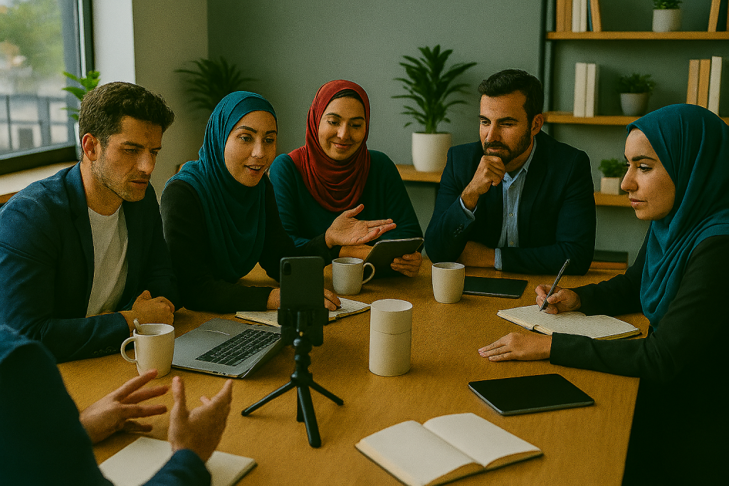 تیم استارتاپی متشکل از چند خانم و چند آقا دور یک میز چوبی بزرگ در دفتر مدرن نشسته‌اند. اعضای تیم با تمرکز و انرژی بالا در حال بحث و تبادل نظر هستند. روی میز لپ‌تاپ، تبلت، دفترچه یادداشت، لیوان‌های قهوه و ماکت محصول دیده می‌شود. نور طبیعی از پنجره‌ها فضا را روشن کرده و سایه‌های ملایم روی میز افتاده‌اند. تصویر حس خلاقیت، همکاری و نوآوری را در محیطی حرفه‌ای و دوستانه منتقل می‌کند.
