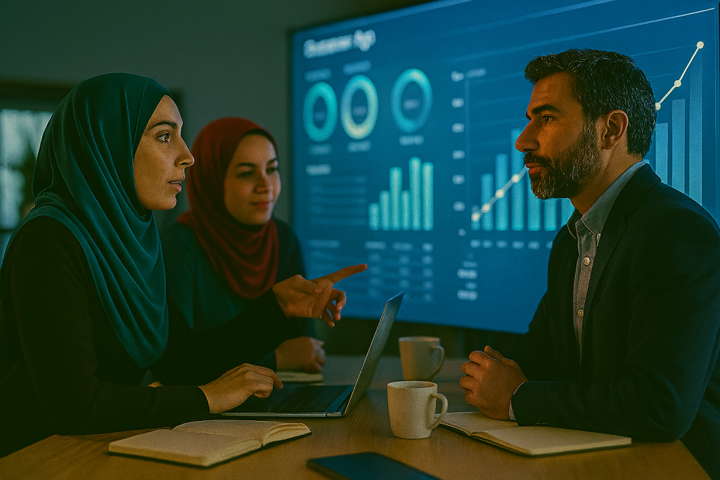 خانم و آقایی جلوی یک نمایشگر دیجیتال بزرگ ایستاده‌اند. خانم با تمرکز بالا به نمودارهای فروش و شاخص‌های کسب‌وکار روی صفحه اشاره می‌کند، در حالی که آقا با دقت به آن‌ها نگاه می‌کند. نمایشگر شامل نمودارهای خطی، نمودارهای دایره‌ای و جدول‌های داده است که با رنگ‌های آبی، سفید و سبز روشن طراحی شده‌اند. نور نرم صفحه نمایش، فضای تکنولوژیک و حرفه‌ای ایجاد کرده و تصویر حس تحلیل، تمرکز و تصمیم‌گیری هوشمندانه در محیط استارتاپی را منتقل می‌کند.
