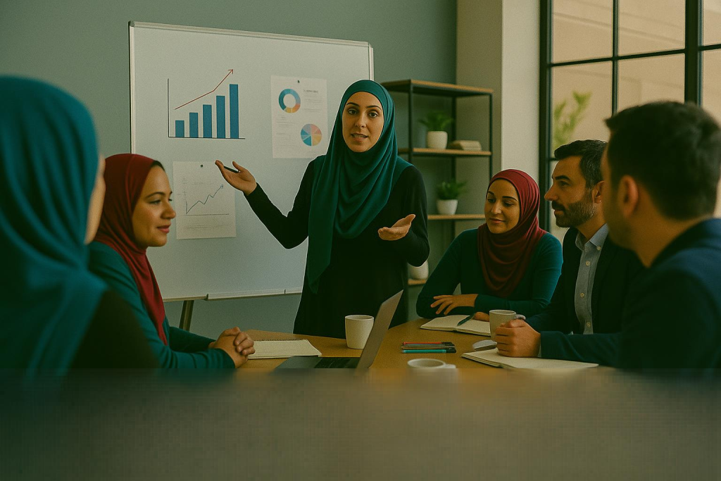 مربی خانم در حال ارائه نکات آموزشی به گروهی از کارآموزان استارتاپی شامل خانم‌هاو  آقایان است. او جلوی تخته‌ای با نمودارهای رنگی ایستاده و با دست اشاره می‌کند. روی میزها لپ‌تاپ، دفترچه یادداشت، خودکارهای رنگی و فنجان‌های قهوه دیده می‌شود. زاویه تصویر افقی و نیمه‌بالاست، به‌طوری که هم مربی و هم مخاطبان در قاب دیده می‌شوند. فضای اتاق روشن، مدرن و انگیزه‌بخش است و حس آموزش عملی و مشارکتی را منتقل می‌کند.
