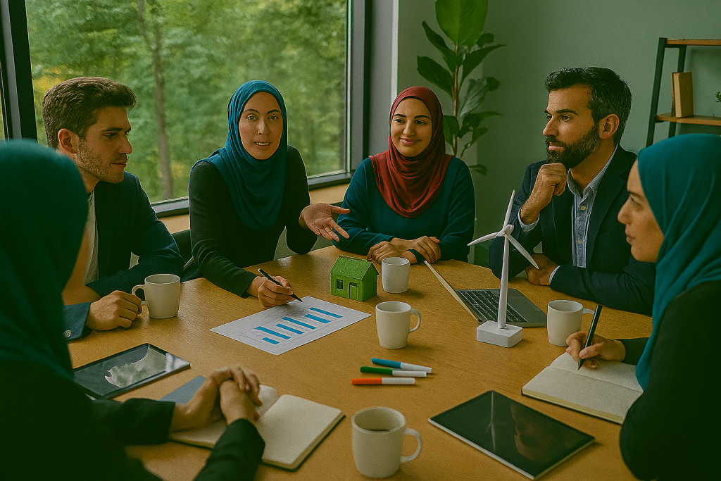 تیم استارتاپی شامل چند خانم و چند آقا دور میز چوبی بزرگی در یک دفتر مدرن با منظره جنگلی نشسته‌اند. اعضای تیم در حال بحث و برنامه‌ریزی درباره نمودارهای انرژی پاک و منابع پایدار هستند. روی میز لپ‌تاپ، تبلت، دفترچه یادداشت، ماکت توربین بادی و خانه سبز، خودکارهای رنگی و لیوان‌های قهوه دیده می‌شود. نور طبیعی از پنجره‌ها فضا را روشن کرده و حس همکاری، نوآوری و تعهد به محیط زیست را منتقل می‌کند.
