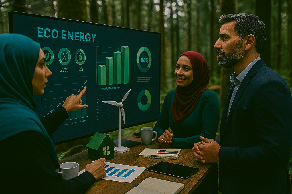 خانم و آقایی  در دل جنگل سرسبز جلوی یک صفحه نمایش دیجیتال بزرگ ایستاده‌اند. خانم با تمرکز بالا به نمودار سه‌بعدی مربوط به توسعه پایدار و صرفه‌جویی انرژی اشاره می‌کند، در حالی که آقا با دقت به داده‌ها نگاه می‌کند. صفحه نمایش شامل نمودارهای میله‌ای، دایره‌ای و شاخص‌های زیست‌محیطی با رنگ‌های سبز و آبی است. نور طبیعی از میان درختان عبور کرده و فضای تحلیلی، آینده‌نگر و تکنولوژیک را در دل طبیعت به تصویر کشیده است.
