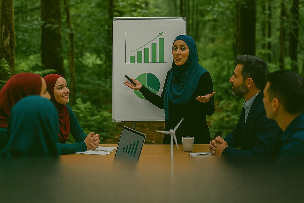 مربی خانم در دل طبیعت سرسبز در حال آموزش گروهی از کارآموزان استارتاپی شامل خانم‌ها و آقایان  است. او کنار تخته‌ای با نمودارهای محیط زیستی ایستاده و با دست به نمودار رشد منابع پایدار اشاره می‌کند. کارآموزان دور میز چوبی نشسته‌اند و با لپ‌تاپ، دفترچه یادداشت، خودکارهای رنگی و فنجان‌های قهوه مشغول یادداشت‌برداری هستند. نور طبیعی از میان درختان بلند عبور کرده و فضای مشارکتی، انگیزه‌بخش و نوآورانه‌ای را در دل طبیعت به تصویر کشیده است.
