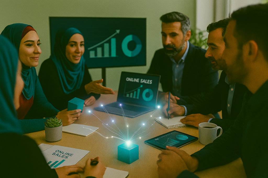 محصول فیزیکی کوچک و خلاقانه روی میز کاری مدرن قرار دارد و خطوط نورانی دیجیتال از آن به سمت لپ‌تاپ و مانیتور با نمودارهای فروش در حال حرکت هستند. خانم‌ها و آقایان با تمرکز بالا در حال تعامل با محصول و داده‌ها هستند. فضای روشن، گیاهان کوچک، فنجان‌های قهوه و نور طبیعی حس خلاقیت، نوآوری و تبدیل ایده به درآمد آنلاین را منتقل می‌کند.
