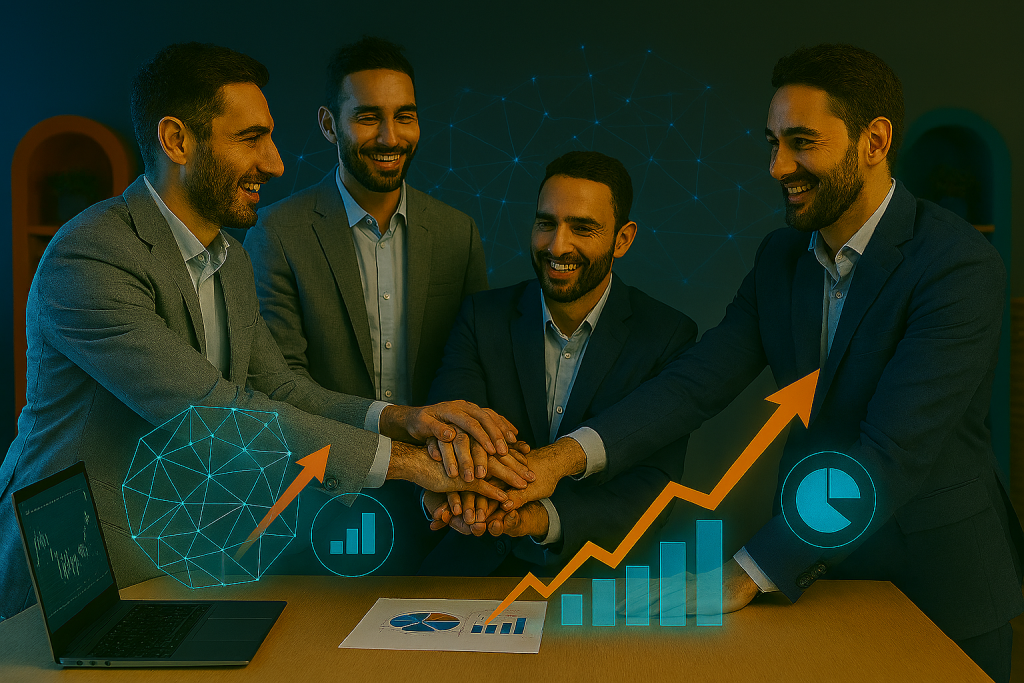 مردان ایرانی با پوشش رسمی، در حال توافق سرمایه‌گذاری در فضای مدرن و آینده‌نگر با نمودارهای سه‌بعدی و نورهای آبی و طلایی.