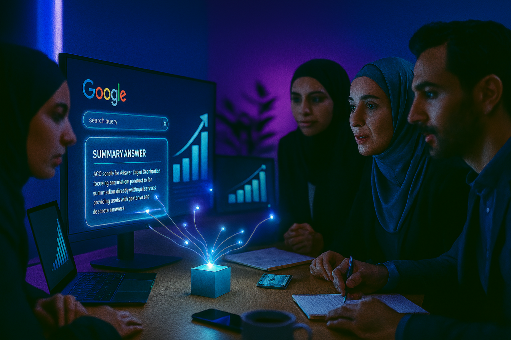 تیم کاری شامل خانمها و آقایان دور میز مدرن نشستهاند و با تمرکز به مانیتوری نگاه میکنند که صفحه جستجوی گوگل را نمایش میدهد. بهجای لیست لینکها، یک پاسخ خلاصه و برجسته در قالب باکس روشن دیده میشود. خطوط نورانی دیجیتال از یک محصول کوچک روی میز به سمت لپتاپ و مانیتور حرکت میکنند. فضای اتاق با نورهای آبی و بنفش تکنولوژیک، لپتاپ، موبایل، نمودار رشد و گیاهان کوچک حس خلاقیت، نوآوری و تحول در آینده سئو را منتقل میکند.