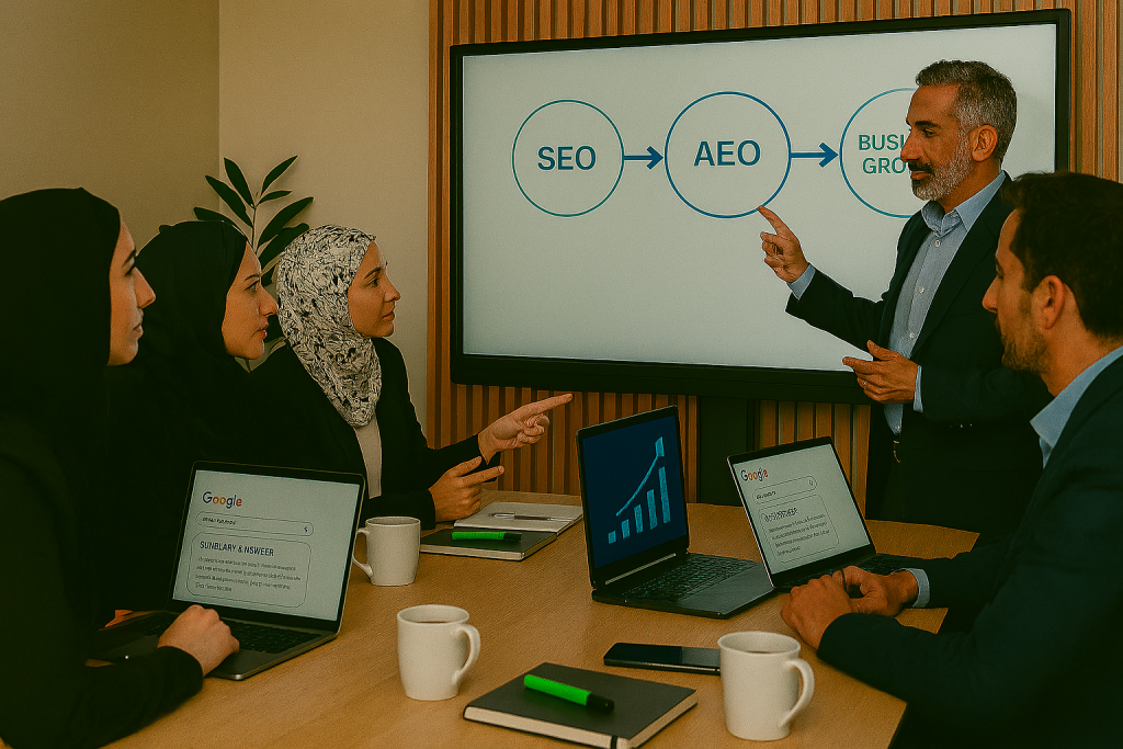 مربی مرد در سالن جلسه مدرن کنار تخته دیجیتال ایستاده و به دیاگرام مسیر SEO → AEO → رشد کسبوکار اشاره میکند. مقابل او چند خانم یک آقا نشستهاند و با تمرکز بالا در حال بحث و تعامل هستند. روی میز لپتاپهایی باز دیده میشود که صفحه برخی از آنها نتایج جستجوی گوگل را با بخش پاسخ خلاصه نمایش میدهد. نورپردازی گرم، گیاهان سبز و چیدمان حرفهای حس کلینیک مشاوره کسبوکار را منتقل میکند.