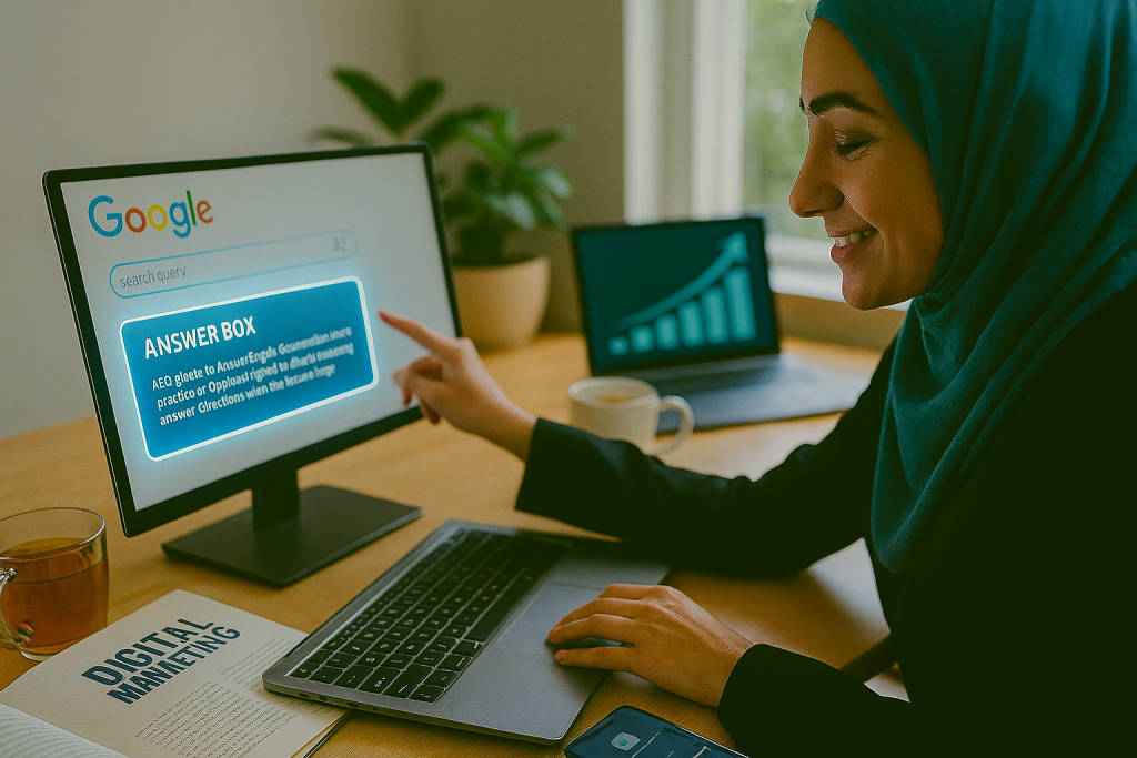 کاربر خانم در حال استفاده از لپتاپ است که روی صفحه آن جستجوی گوگل با کادر پاسخ برجسته نمایش داده شده. روی میز کتاب باز بازاریابی دیجیتال، لیوان چای، تلفن همراه با نوتیفیکیشن و گیاه کوچک دیده میشود. نور طبیعی از پنجره وارد شده و فضای مدرن، روشن و حرفهای با حس رضایت از دریافت پاسخ سریع ایجاد کرده است.