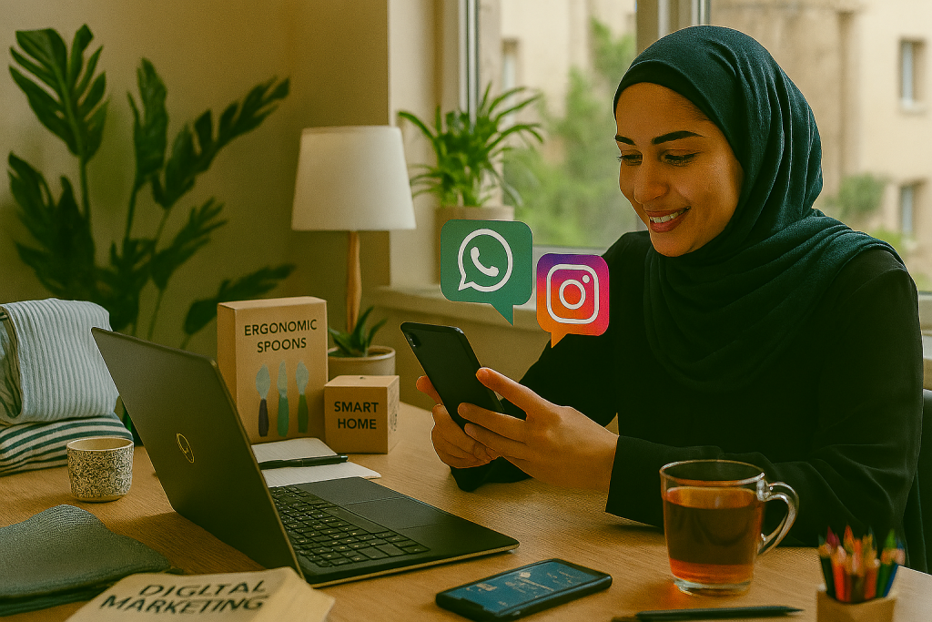 مدیر خانم پشت میز کاری مدرن نشسته و با تمرکز بالا در حال پاسخگویی به پیام‌های مشتریان در واتساپ و اینستاگرام است. روی میز لپ‌تاپ، گوشی، دفترچه یادداشت و چند محصول کوچک مثل لباس، لوازم خانگی و لوازم تحریر به‌صورت منظم چیده شده‌اند. نور طبیعی از پنجره وارد شده و فضای روشن، صمیمی و حرفه‌ای با حس تعامل و تمرکز روی مشتریان ایجاد کرده است.
