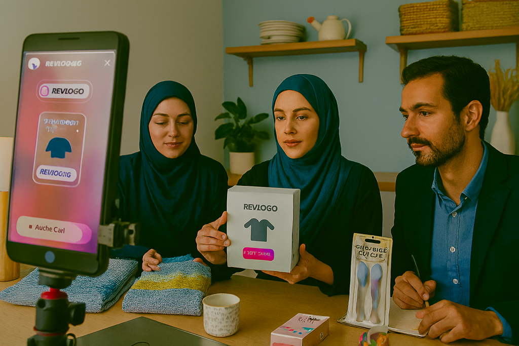 تیم کسب‌وکار کوچک شامل خانم‌ها و آقایانی در حال تولید محتوای استوری اینستاگرام هستند. گوشی روی سه‌پایه نصب شده و صفحه آن رابط کاربری استوری را نمایش می‌دهد. روی میز محصولات مثل لباس رنگی، باکس برند و لوازم جانبی چیده شده‌اند. نورپردازی نرم و پس‌زمینه مدرن حس خلاقیت، تمرکز و پویایی را منتقل می‌کند.

