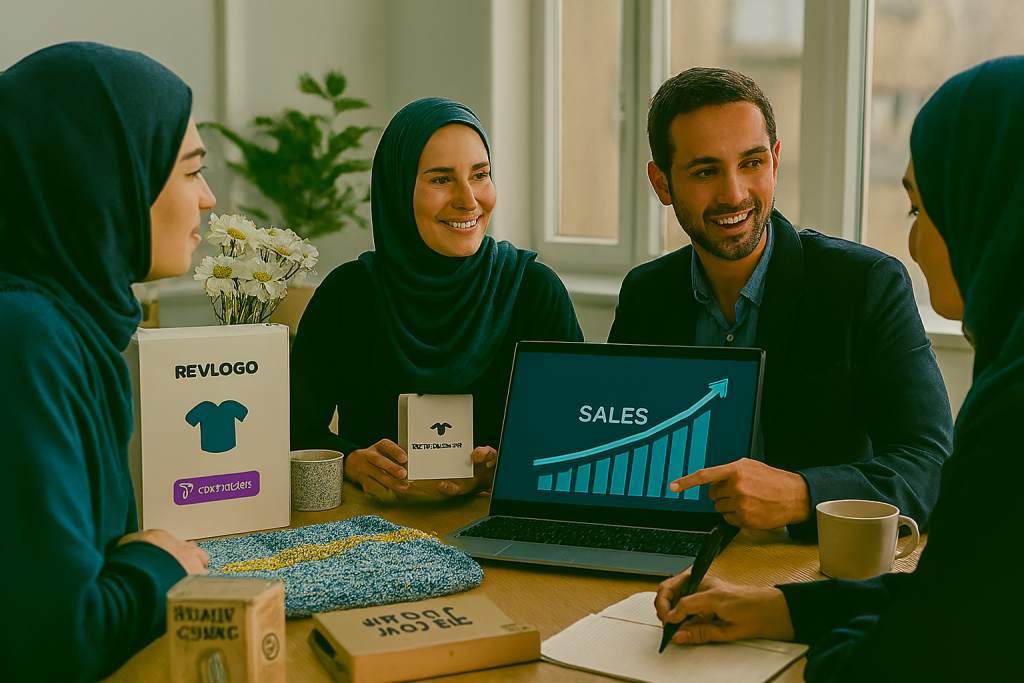 تیم کسب‌وکار کوچک ایرانی شامل خانم‌ها و مردان، دور میز کاری مدرن با گل و دکور ساده نشسته‌اند. روی لپ‌تاپ یا تبلت نمودار رشد فروش نمایش داده شده. محصولات مختلف مانند لباس، بسته‌بندی برند و لوازم خانه هوشمند روی میز قرار دارند. حس موفقیت، پیشرفت و همکاری تیمی با فضای روشن و ترکیب ابزارهای دیجیتال و محصولات ملموس منتقل می‌شود.
