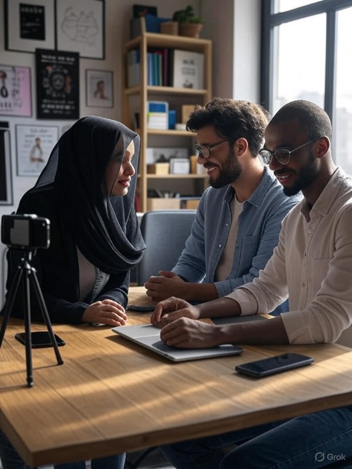 دفتر کوچک مدرن ویدیویی با نور طبیعی: خانم و اقا، در حال ایده‌پردازی روی میز چوبی با لپ‌تاپ، گوشی و دوربین. پس‌زمینه: تابلوهای انگیزشی و لوازم خلاقانه.

