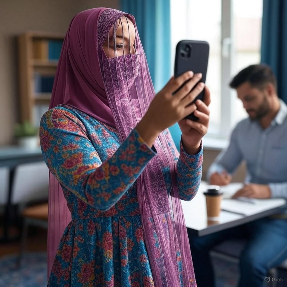 خانم با لباس سنتی ایرانی در حال ضبط ویدیوی کوتاه اینستاگرامی جلوی موبایل، مرد در پس‌زمینه یادداشت‌برداری می‌کند؛ اتاق کوچک با نور طبیعی، فرش ایرانی و وسایل ساده مثل دفترچه و قهوه.
