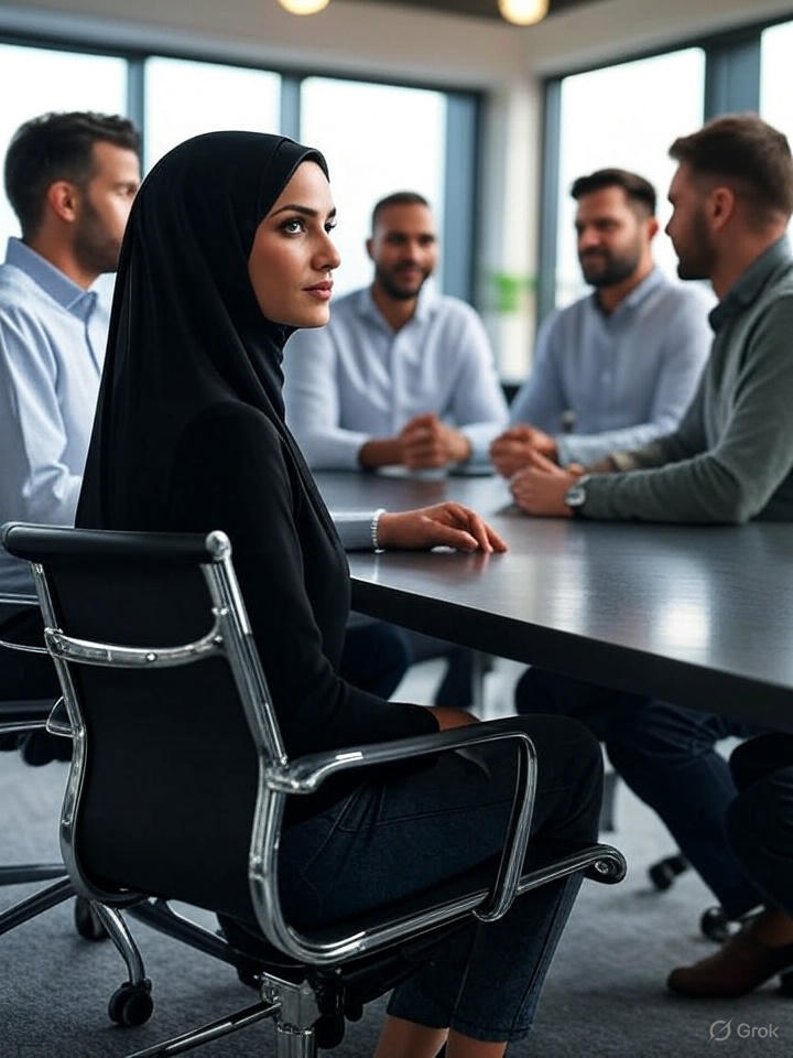 جلسه کاری در شرکت مدرن: خانم در حال بحث با گروهی از مردان، دور میز کنفرانس با پنجره‌های بزرگ و فضای حرفه‌ای