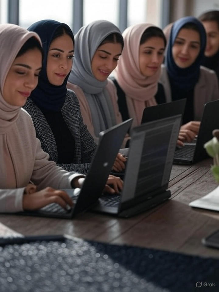 یک میز کاری با چند دستگاه دیجیتال، صفحه نمایش نشان‌دهنده نمودار و گزارش‌ها. خانم‌ها در حال تبادل نظر و جلسه آنلاین هستند. نور محیط طبیعی و ملایم باشد، فضا حس پویا و همکاری تیمی را منتقل کند. تمرکز روی تعامل، همکاری و انرژی مثبت باشد. 