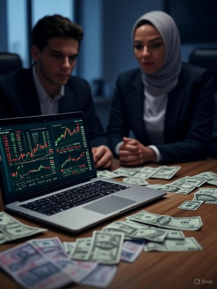 در دفتر مدرن، زیر نور دراماتیک، نمودارهای مالی سبز و قرمز روی لپتاپ میدرخشند و اسکناسهای دلار و ریال پراکندهاند. مرد جوان و خانم، با تنش به مانیتور خیرهاند – لحظه تصمیمگیری فوری در نوسانات ارزی.