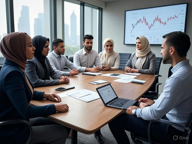 در اتاق کنفرانس مدرن با منظره شهر، مانیتور بزرگی نوسان دلار را نشان میدهد. تیم حرفهای (خانمها و آقایان) دور میز با لپتاپ و گزارشها بحث استراتژیک میکنند – صحنهای الهامبخش از تصمیمگیری هوشمند.