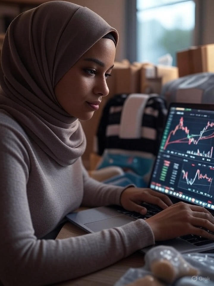 خانم در خانه، پنل فروشگاه آنلاین را چک میکند: نمودار دلار و فروش روی لپتاپ، با بستهها و محصولات اطراف. نوسانات ارزی حتی کسبوکارهای کوچک خانگی را میلرزاند.