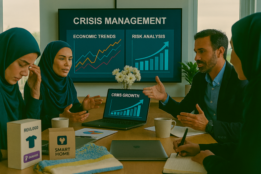 جلسهای جدی با حضور مدیران خانم و آقایان در اتاق کنفرانس مدرن. روی مانیتور نمودارهای اقتصادی و تحلیل ریسک نمایش داده شده. فضای تصویر حس اضطرار، تصمیمگیری سریع و مدیریت بحران را منتقل میکند.