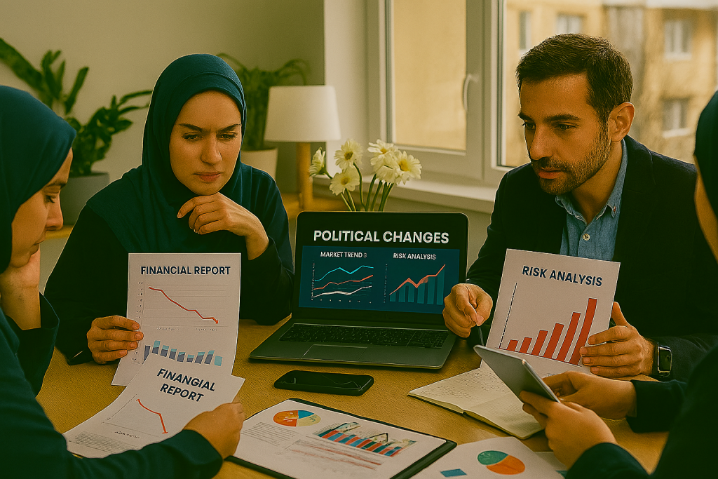 خانم ها و اقا در دفتر کاری مدرن در حال بررسی نمودارهای مالی و تأثیر تحولات سیاسی بر بازار هستند. روی میز لپتاپ، گوشی و گزارشهای تحلیلی قرار دارد. نور طبیعی از پنجره وارد شده و شهر در پسزمینه دیده میشود. تصویر حس تحلیل دقیق و تصمیمگیری هوشمندانه را منتقل میکند.