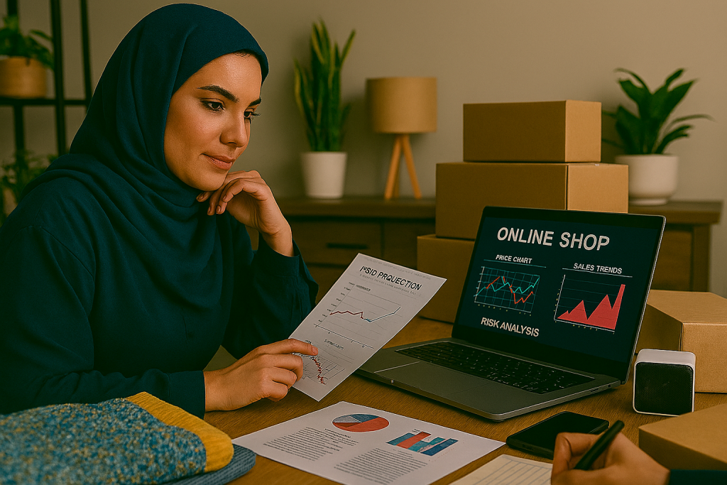 خانمی در دفتر خانگی با نور گرم در حال مدیریت پنل فروشگاه آنلاین روی لپتاپ است. صفحهنمایش شامل نمودار قیمت، روند فروش و تحلیل ریسک است. اطراف او بستههای آماده ارسال، کارتن و محصولات پرتقاضا قرار دارد. تصویر حس ترکیب زندگی روزمره با مدیریت حرفهای کسبوکار را منتقل میکند.