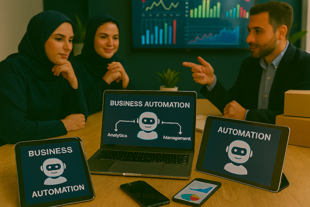 میز کاری با لپتاپ، تبلت و گوشی که روی صفحهها نمادهای ربات نرمافزاری و داشبوردهای اتوماسیون کسبوکار دیده میشود. در پسزمینه، تیمی شامل خانمها و مردان در حال بررسی دادهها هستند. چهرهها طبیعی و متعادلاند و نورپردازی نرم، فضای مدرن و حس فناوری پیشرفته را منتقل میکند.