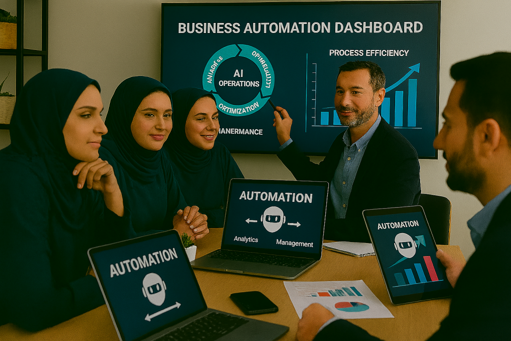 جلسه آموزشی مدرن با حضور کارآفرینان ایرانی شامل خانمها و اقایان. مربی در حال نمایش داشبورد هوش مصنوعی روی صفحه بزرگ است و شرکتکنندگان با لپتاپهای خود در حال تعامل هستند. چهرهها طبیعی و متعادلاند و تصویر حس یادگیری، کاربرد عملی و فضای آموزشی حرفهای را منتقل میکند.