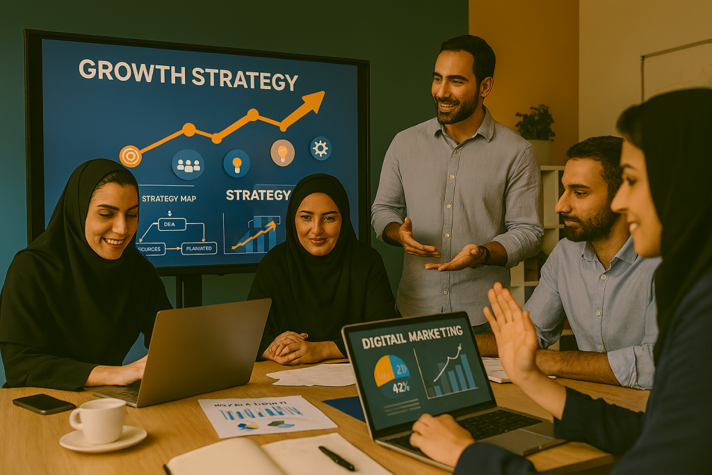 جلسه کاری استارتاپی با نمایش استراتژی رشد روی مانیتور بزرگ. اعضای تیم در حال تعامل پویا و هیجان‌انگیز.محیط اداری مدرن و ابزارهای دیجیتال، حس نوآوری و انگیزه بالا را منتقل می‌کند.
