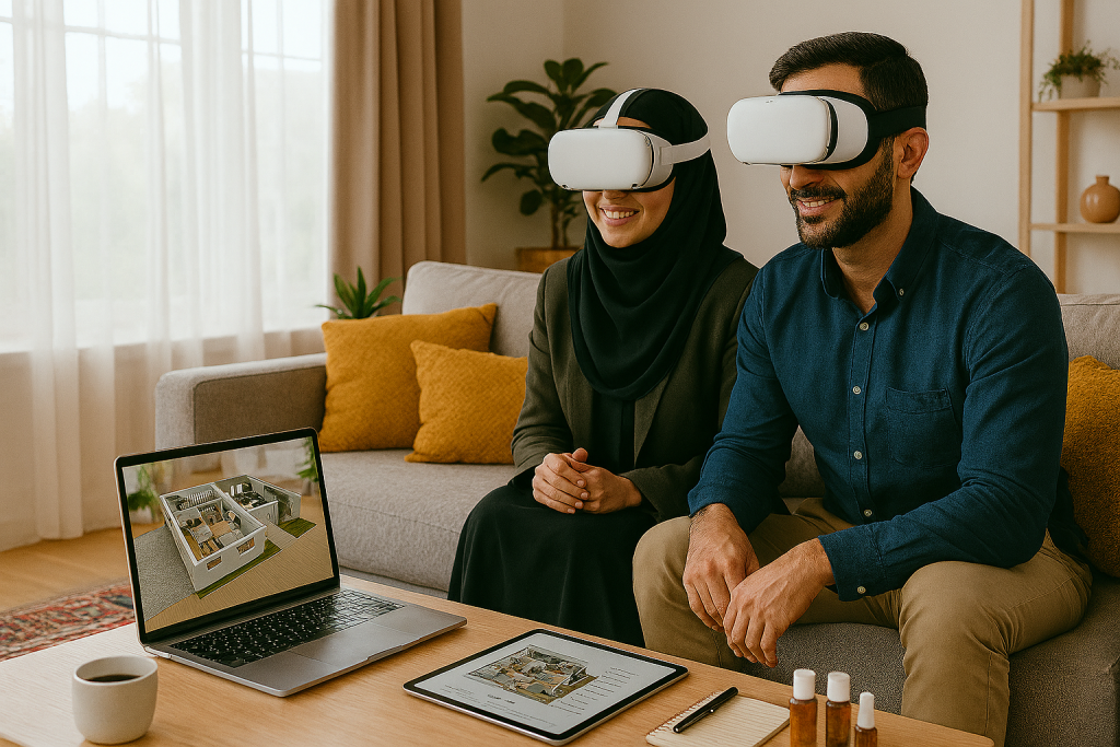 یک خانم ایرانی و یک آقا در یک آپارتمان لوکس و روشن روی مبل نشسته‌اند و هدست واقعیت مجازی به چشم دارند. روی میز قهوه لپ‌تاپ باز شده و پلان سه‌بعدی خانه و جزئیات ملک نمایش داده می‌شود. فضا شامل نور طبیعی زیاد، فرش ایرانی، گیاهان سبز و دکوراسیون ترکیبی سنتی و مدرن است. تصویر حس تجربه دیجیتال واقعی و تور مجازی خانه را منتقل می‌کند.

