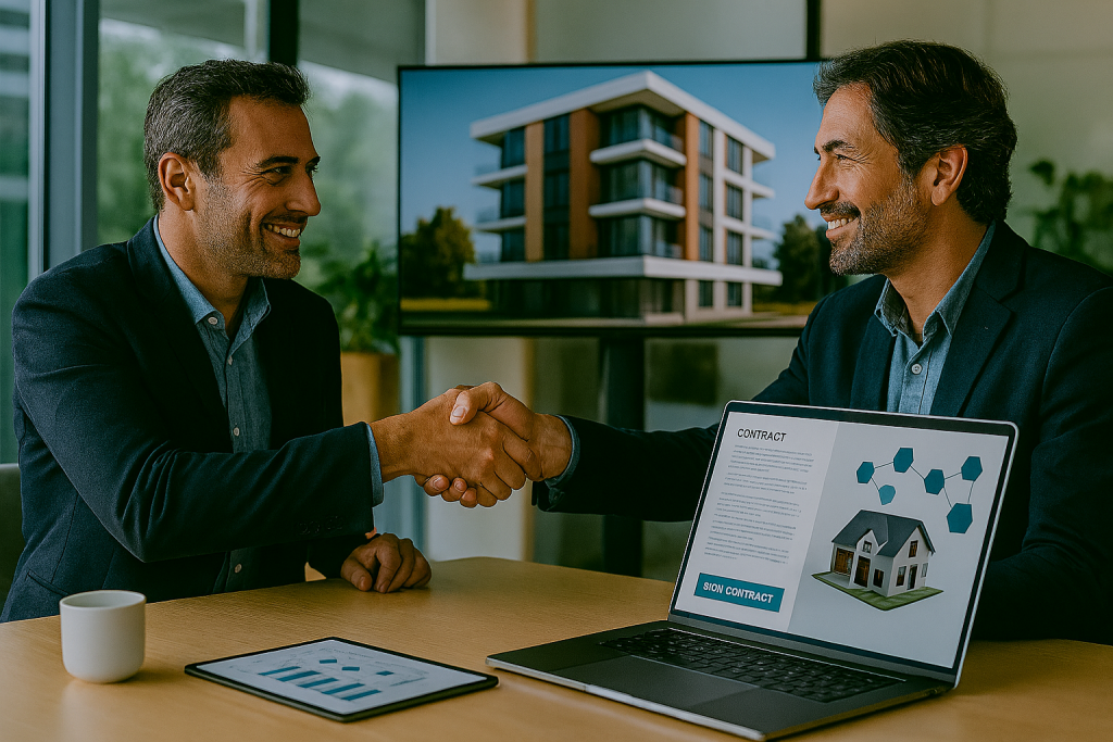 دو مرد ایرانی در یک فضای کاری دیجیتال با دیوار شیشه‌ای در حال دست دادن و لبخند زدن هستند. روی میز لپ‌تاپی باز است که صفحه‌اش یک قرارداد دیجیتال و نمودار بلاکچین را نمایش می‌دهد. در پس‌زمینه مانیتور بزرگی ماکت سه‌بعدی یک ساختمان مسکونی مدرن را نشان می‌دهد. تصویر حس اعتماد، آینده‌نگری و شفافیت را منتقل می‌کند.