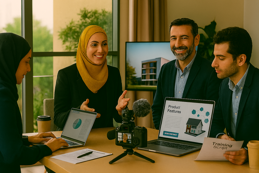 چند جوان ایرانی در یک دفتر مدرن با نور طبیعی و پنجره‌های بزرگ مشغول تولید فیلم آموزشی هستند. خانم‌ها و آقایان در حال کار روی لپ‌تاپ‌اند. روی میز دوربین، میکروفون و تجهیزات ضبط سبک دیده می‌شود. یک خانم و آقا در حال ضبط ویدئو درباره محصول هستند و دیگران در حال بررسی سناریو و یادداشت‌برداری‌اند. تصویر حس پرانرژی، مدرن و حرفه‌ای را منتقل می‌کند.