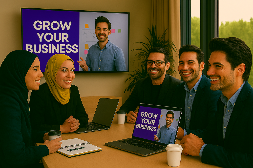 پنج جوان ایرانی در یک اتاق جلسه در حال مشاهده یک ویدئو تبلیغاتی روی مانیتور بزرگ هستند. روی میز لپ‌تاپ‌ها، دفترچه یادداشت و فنجان‌های قهوه دیده می‌شود. تصویر حس هیجان، همکاری تیمی و تمرکز بر رشد کسب‌وکار را منتقل می‌کند.
