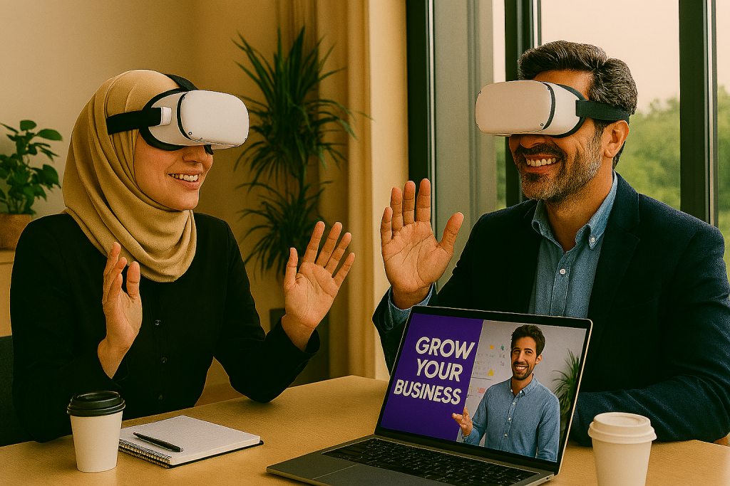 یک خانم و یک آقا در یک فضای کاری مدرن در حال استفاده از هدست واقعیت مجازی هستند تا فیلم آموزشی محصول یا سرویس را تجربه کنند. پشت آن‌ها یک میز با لپ‌تاپ باز دیده می‌شود که پلان دیجیتال محصول را نمایش می‌دهد. 