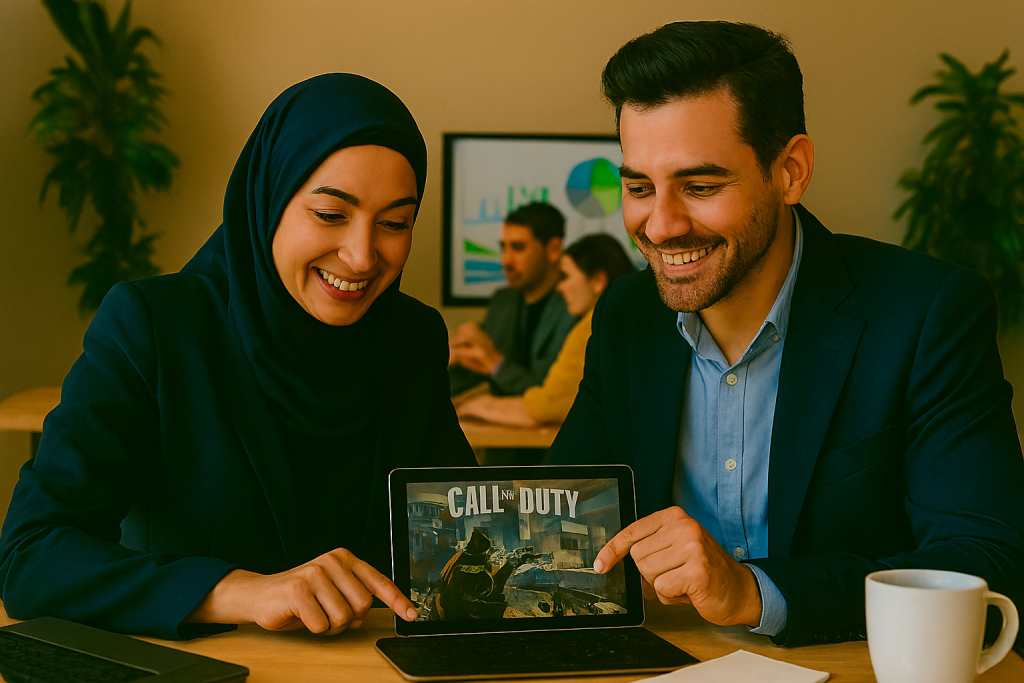 یک خانم و یک آقا با میز کاری و تجهیزات دیجیتال در حال تعامل با بازی Call of Duty روی تبلت هستند. 