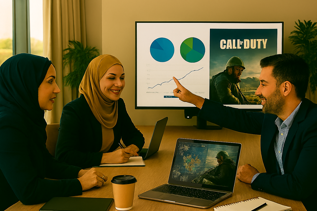 چند نفر از اعضای تیم استارتاپی ایرانی در یک فضای کاری مدرن دور یک میز بزرگ نشسته‌اند. آن‌ها در حال بررسی نمودارها و داده‌های مرتبط با بازی Call of Duty روی لپ‌تاپ و مانیتور بزرگ هستند. 