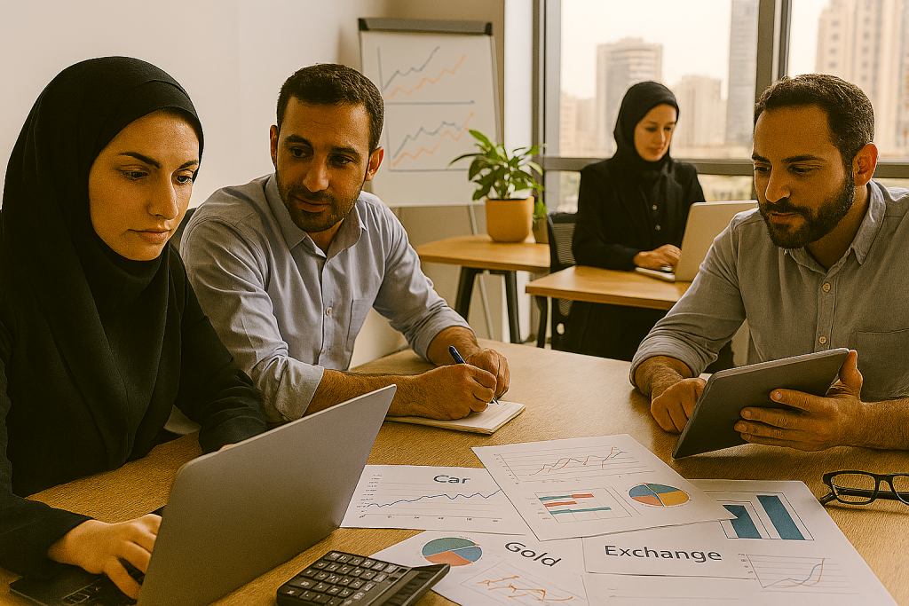 صحنهای مدرن از یک کسبوکار ایرانی، کارمندان در حال تحلیل بازار خودرو، طلا و ارز با لپتاپ و تبلت. میز کار پر از نمودارها و ابزار تحلیل.