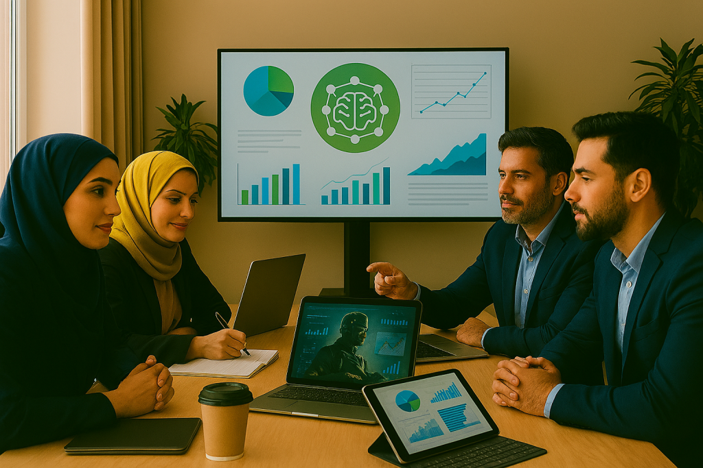 تیمی از مردان و زنان در یک اتاق مدرن و روشن دور میز بزرگی نشسته‌اند. آن‌ها در حال بررسی نمودارها و داشبوردهای هوش مصنوعی برای بازاریابی دیجیتال هستند. 