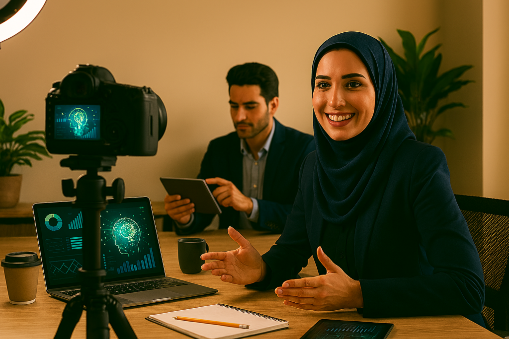 یک خانم در حال ضبط ویدئوی آموزشی در یک استارتاپ کوچک ایرانی است و مردی در حال بررسی نتایج کمپین دیجیتال روی تبلت است. میز کاری شامل لپ‌تاپ، دوربین، دفترچه یادداشت و فنجان قهوه است. 