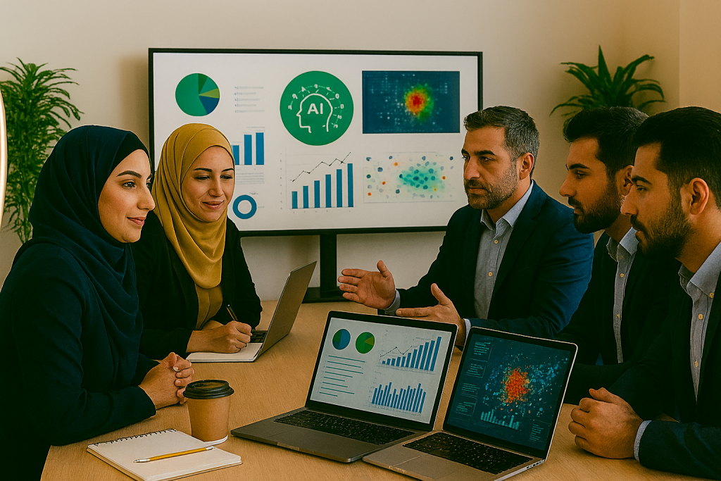 در یک اتاق با دیوارهای روشن و گیاهان سبز، تیمی از زنان و مردان دور میز جلسه نشسته‌اند. آن‌ها در حال تحلیل داده‌ها و نمودارهای رفتار مشتری روی مانیتورها و لپ‌تاپ‌ها هستند. نمایشگرها پر از داشبوردهای AI و گراف‌های رنگی است. 