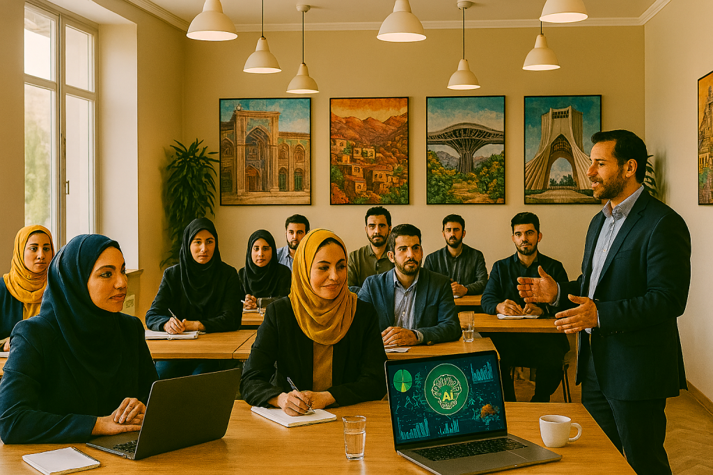 یک کلاس آموزشی روشن با دکوراسیون شهری و نمادهای برجسته تهران شامل شمس‌العماره، درکه، پل طبیعت و میدان آزادی. استاد در حال توضیح با حالت محترمانه و حرکات دست. خانم‌ها و آقایان پشت میزها نشسته‌اند، گوش دادن، یادداشت‌برداری و کار با لپ‌تاپ. فضای شهری، المان‌های تهران و نور طبیعی از پنجره‌ها حس تعلق و مناسبت روز تهران را منتقل می‌کنند.
