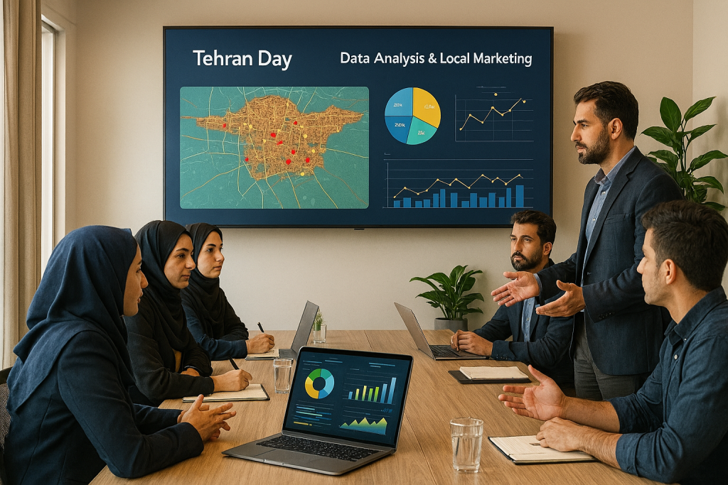 در یک دفتر مدرن، تیمی از زنان و مردان  در حال تحلیل داده‌های کمپین روز تهران هستند. نمایشگرهای بزرگ نقشه تهران با نقاط تمرکز فروش و نمودارهای داده را نمایش می‌دهند. زاویه تصویر از پشت تیم گرفته شده و تعامل واقعی بین اعضا، حرکت دست‌ها و تمرکز روی مانیتورها دیده می‌شود. رنگ‌بندی حرفه‌ای با المان‌های آبی و خاکستری و نورپردازی طبیعی حس محیط کاری پویا و مدرن را منتقل می‌کند.
