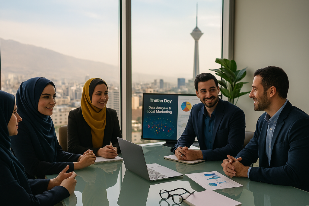 در یک دفتر مدرن و شیشه‌ای در ارتفاع بلند، چند خانم و آقا دور میز شیشه‌ای نشسته‌اند. پنجره‌های بزرگ نمایی از شهر تهران و برج میلاد را نشان می‌دهند. 