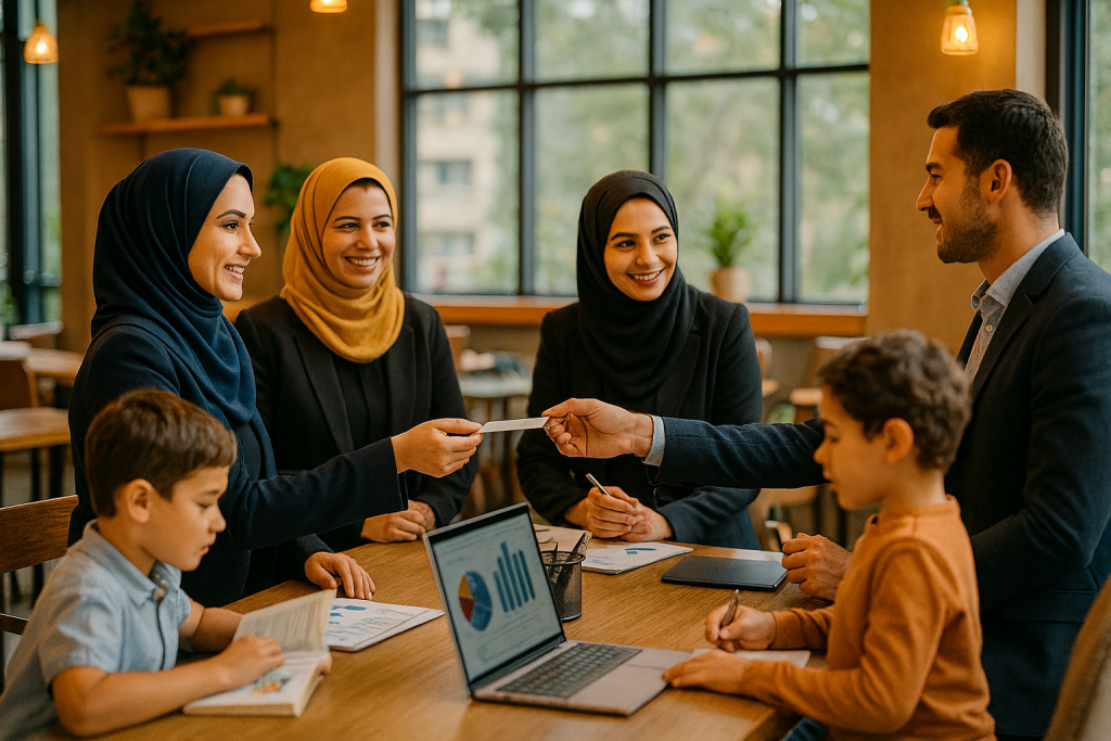 در یک فضای باز داخل کافه مدرن یا سالن همایش کوچک، مادران و یک آقا  در حال گفتگو و تبادل کارت ویزیت هستند. کودکان کنار مادران مشغول بازی یا مطالعه کتاب هستند. 