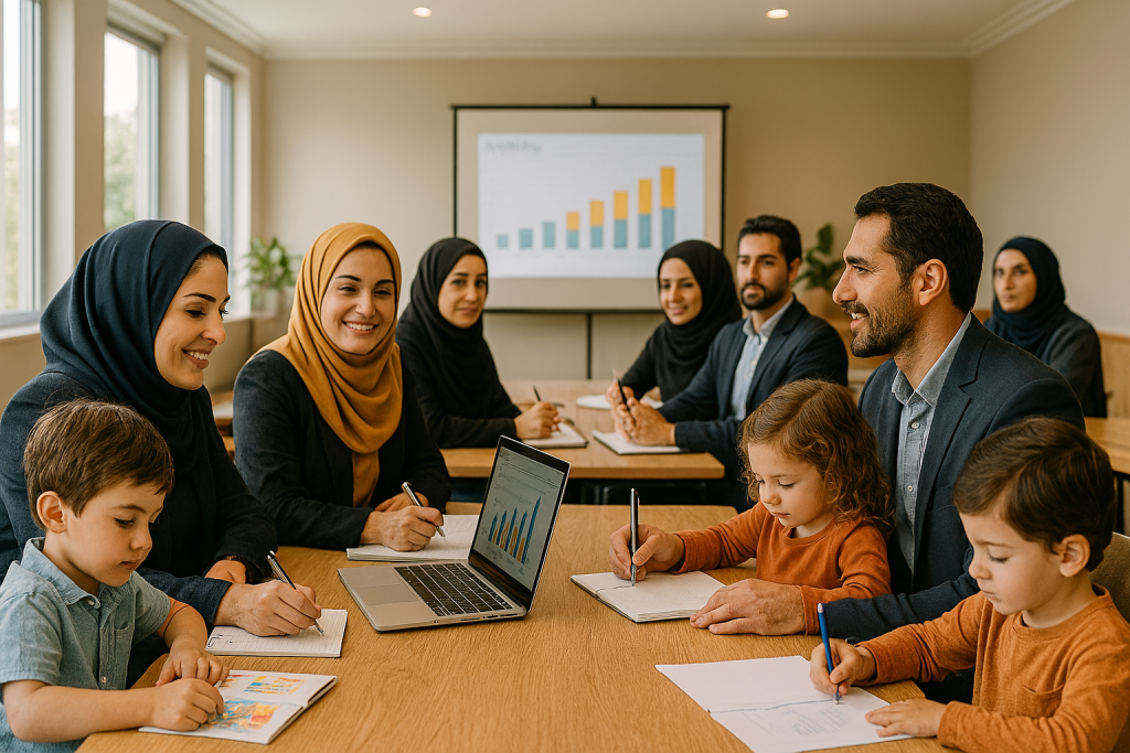 در یک کلاس آموزشی روشن، مادران در حال یادداشت‌برداری یا نگاه به اسلاید هستند و فرزندانشان کنارشان مشغول نقاشی یا بازی‌اند. مردان کنار مادران نشسته‌اند. روی میزها لپ‌تاپ، دفترچه و نمودارهای کسب‌وکار دیده می‌شود. نور طبیعی از پنجره‌ها، رنگ‌بندی ملایم و زاویه افقی تصویر حس هماهنگی کار و خانواده را منتقل می‌کند.
